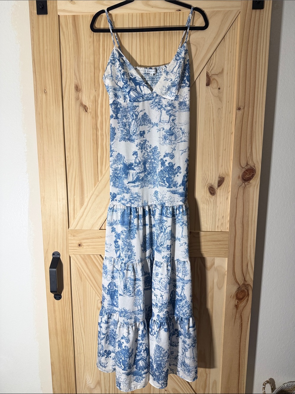 White and Blue Toile Tiered Maxi Dress